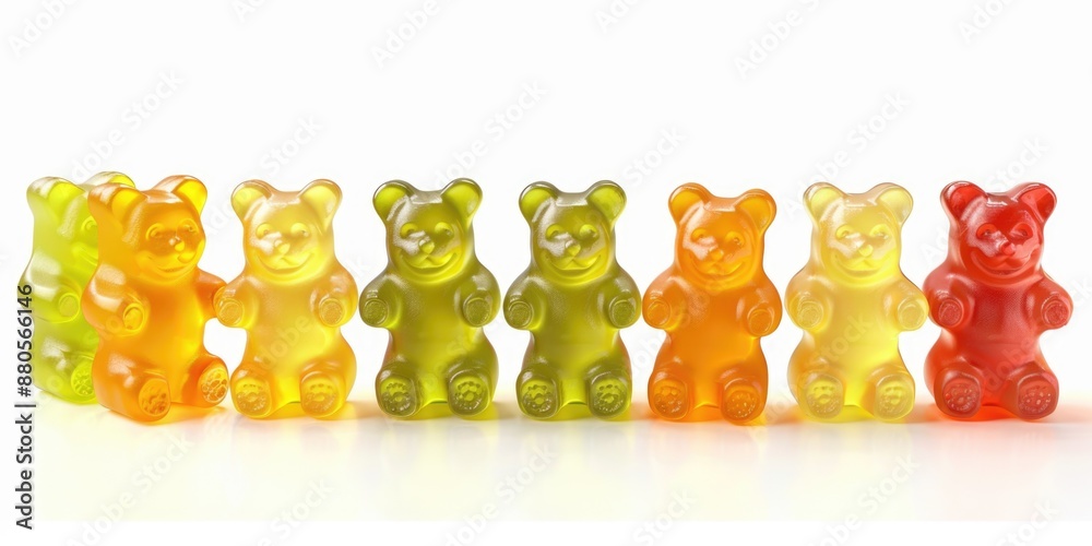 Poster a row of colorful gummy bears sitting next to each other, perfect for advertising or illustrating fu