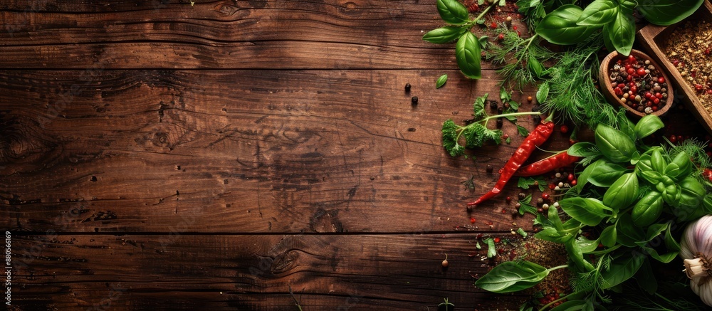 Poster Wooden table with assorted spices for cooking including pepper dill and parsley creating an inviting scene with copy space image included