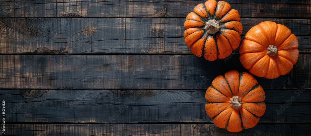 Poster copy space image featuring two pumpkins placed on a dark wooden surface symbolizing autumn harvest a