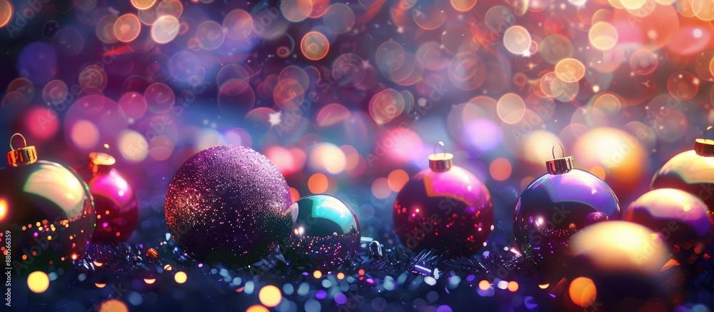 Poster a festive christmas backdrop decorated with a variety of colorful glowing ornaments suitable for add