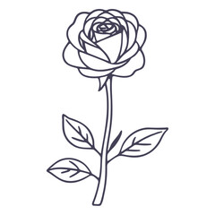 A simple line drawing of a rose with a stem and leaves