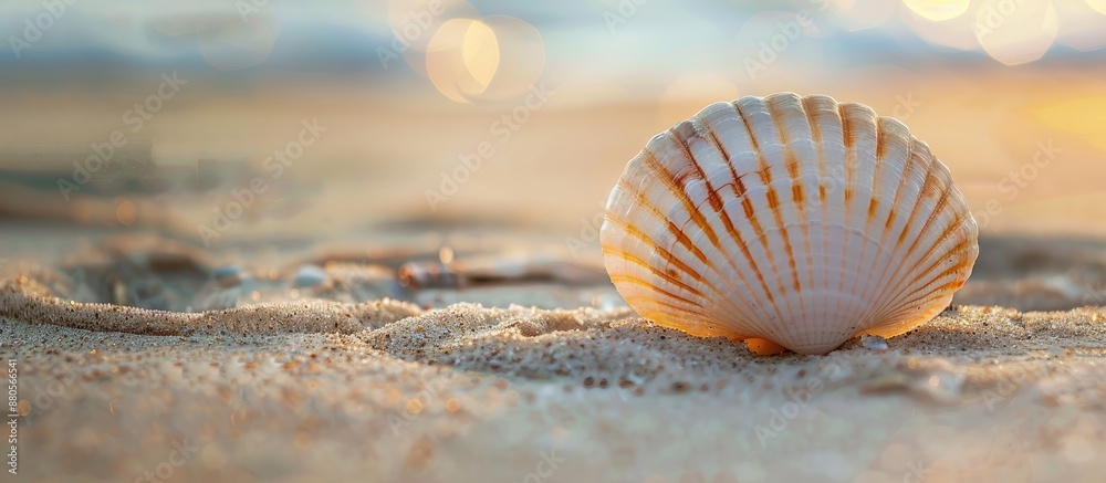 Poster seashell on sandy beach providing copy space image