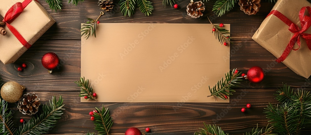 Poster wooden business table adorned with christmas decorations and a blank mockup paper perfect for a fest