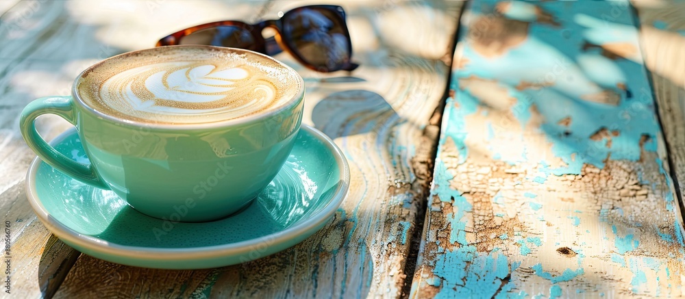 Poster a mint colored cup of cappuccino with trendy sunglasses rests on a wooden table in sunny weather cre