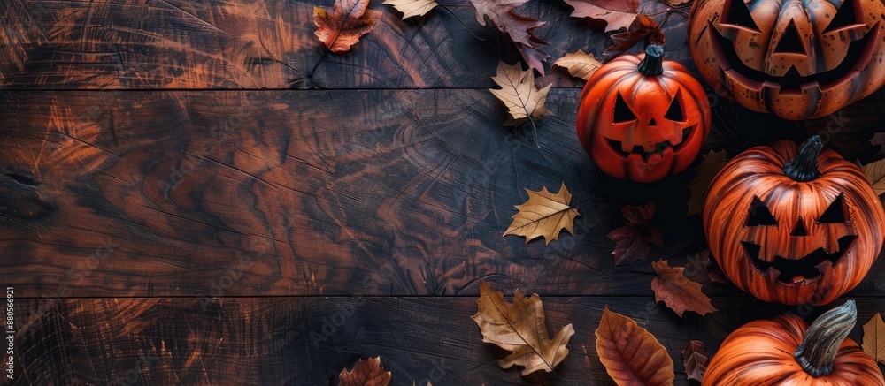 Aufkleber a flat lay image of halloween pumpkins autumn leaves on a wooden table with space for text. copy spa
