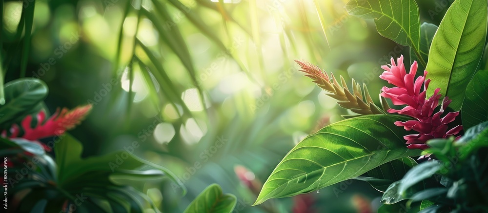 Poster Adorable flora with large foliage in the woodland setting with a background ideal for adding text or graphics in the copy space image