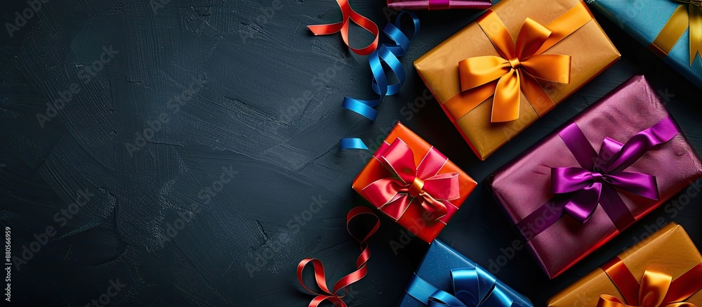 Poster gift boxes with colorful ribbons on black background seen from above providing copy space image