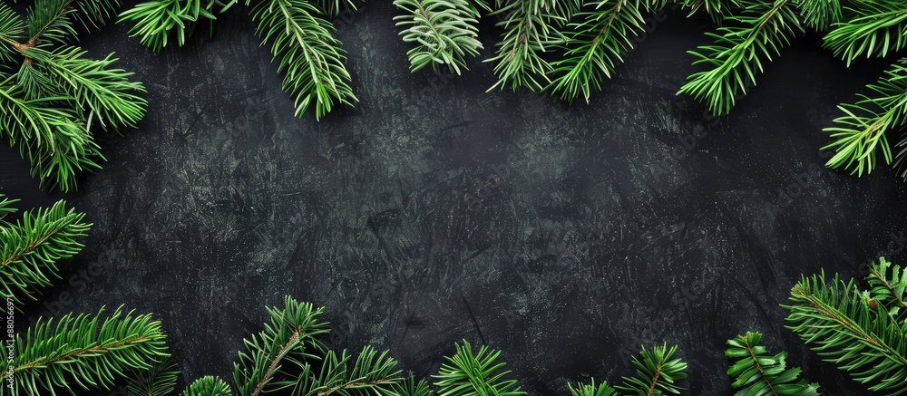 Poster fir branches form a christmas green frame on a black board background presenting a festive copy spac