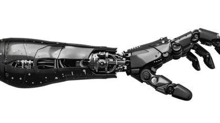 Futuristic design concept of a robotic mechanical arm. Cybernetic organism, Artificial Intelligence, isolated on white background.