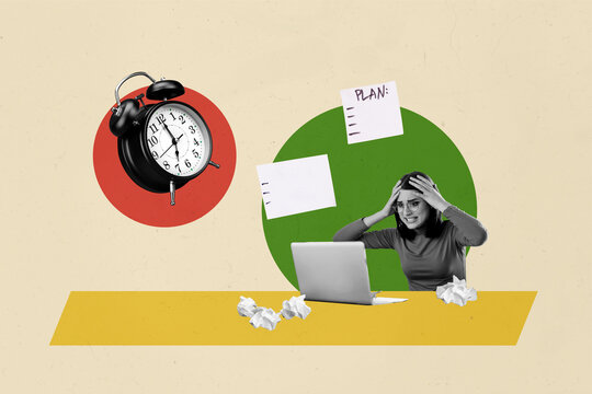 Creative image stressed young worker woman laptop plan deadline time management urgent task hurry alert overloaded drawing background