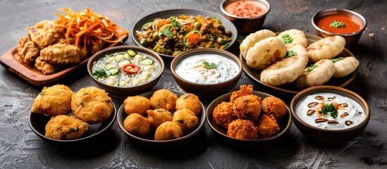 Various deep fried snacks like Moong Dal Vada Ram Ladoo Bhajias Moongode and Pakoras accompanied by fried chili yogurt cucumber chutney or raita Displayed on a dark surface with selective focus and c