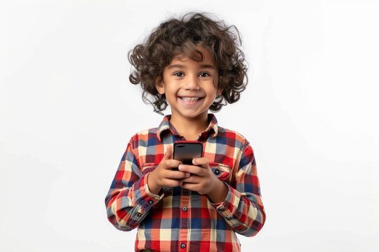 smiling diverse kid isolated on white background, using mobile phone or smartphone, playing a kids game app