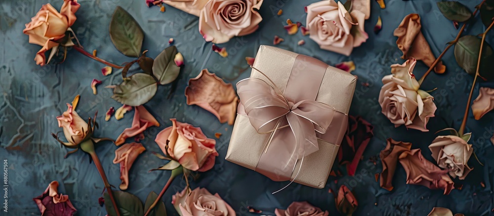 Poster Small gift neatly wrapped with paper tied with a silk bow surrounded by dried roses with ample copy space in the image