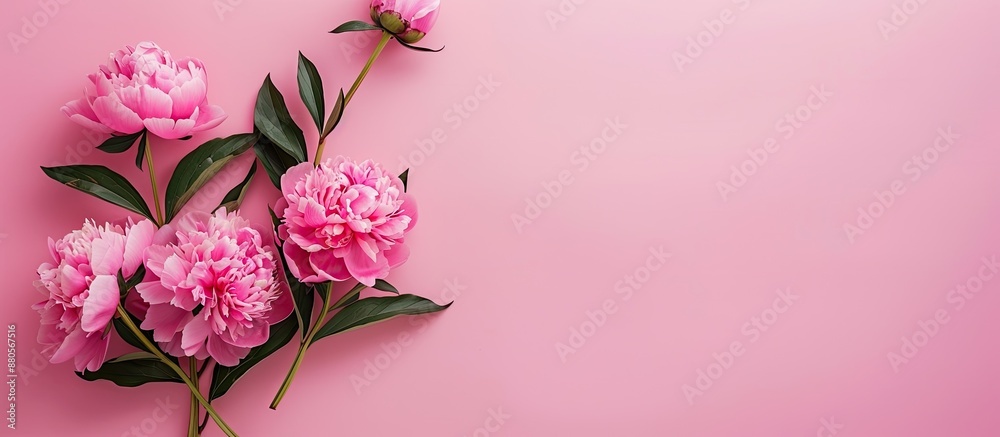 Aufkleber top down flat lay view of lovely pink peonies against pink backdrop providing space for text in the 