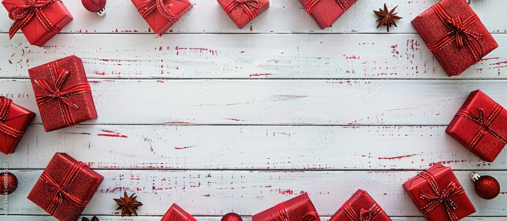 Fototapete Red Christmas gift boxes arranged at the edge of a white wooden panel with space for adding text or images for a complementing look. copy space available
