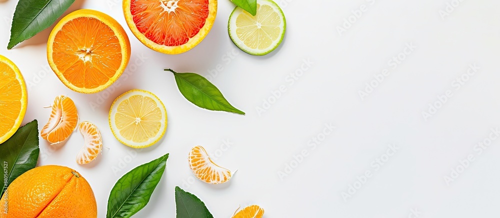 Poster top view of various citrus fruits with fresh leaves on a white backdrop offering space for text in t