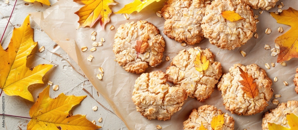 Poster Autumn themed oat cookies on a light background with parchment decorated with yellow leaves creating an enticing fall themed copy space image