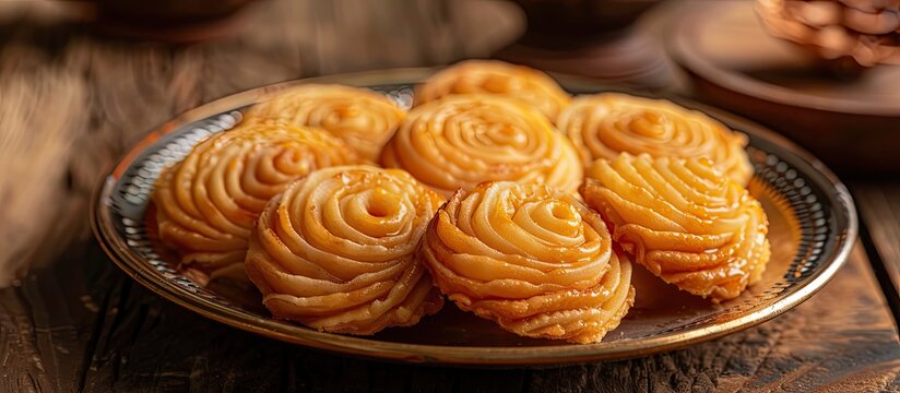 Chirote or Chiroti a traditional sweet from Karnataka and Maharashtra presented on a plate as a delectable dessert during festive occasions or weddings with selective focus on a copy space image
