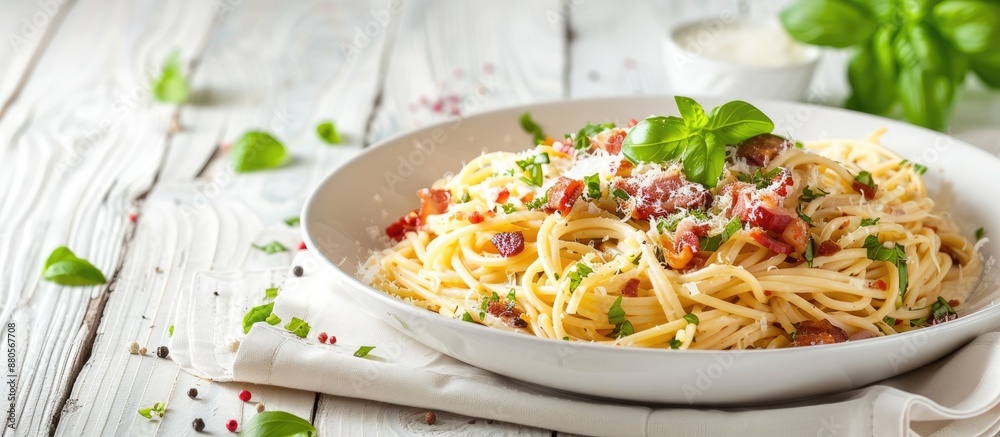 Poster a white dish on a white wooden table displays spaghetti carbonara topped with bacon and cheese sauce