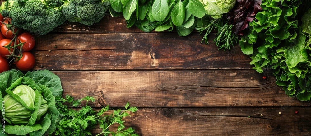 Aufkleber various ripe green vegetables displayed on a wooden backdrop with copy space image available