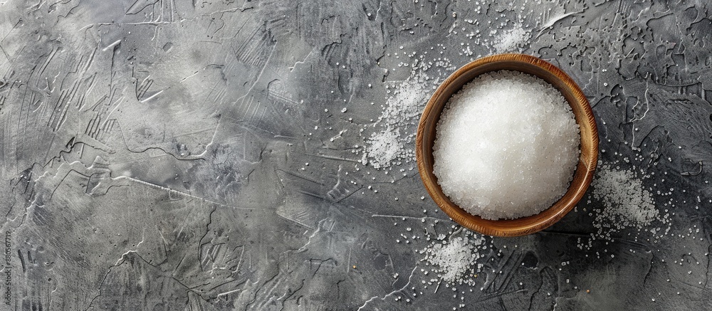Aufkleber Top view of a bowl with granulated sugar on a textured grey table providing ample space for text in the image