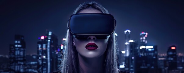 a woman wearing vr against the background of city night buildings
