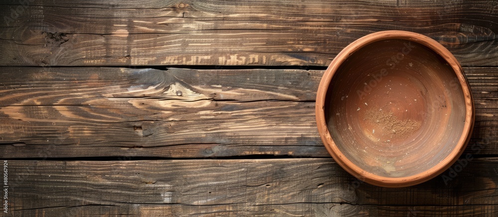 Poster Wooden background with an empty clay bowl ideal for adding text or images copy space image