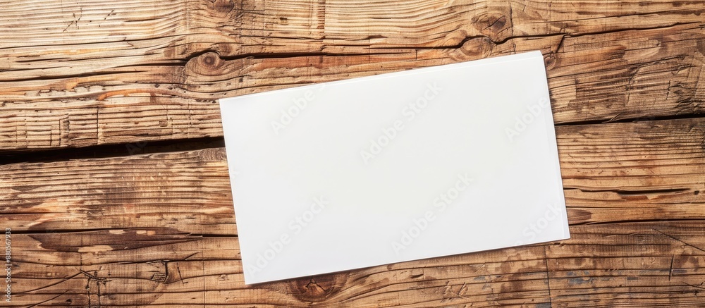Poster wooden table with a white paper for a copy space image