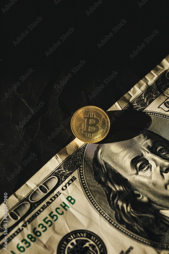 Poster a one-dollar bill and a coin sit on a table