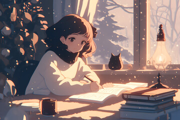 LoFi Girl writing in her journal with a stack of books beside her and a glowing lantern by the window on a cold winter evening. Anime style, Cozy vibes