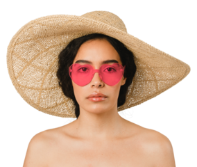 Bare chested woman wearing a big round hat and red vintage heart-shaped sunglasses mockup