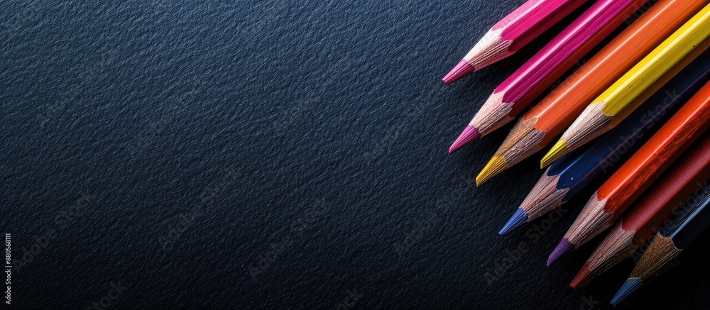 Poster top view of colored pencils on a black cardboard background symbolizing education in a high quality 