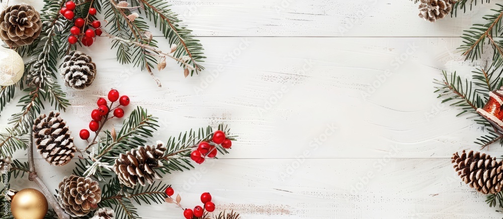 Aufkleber Festive Christmas arrangement on a white wooden surface with space available for adding text or images shot from above. copy space available