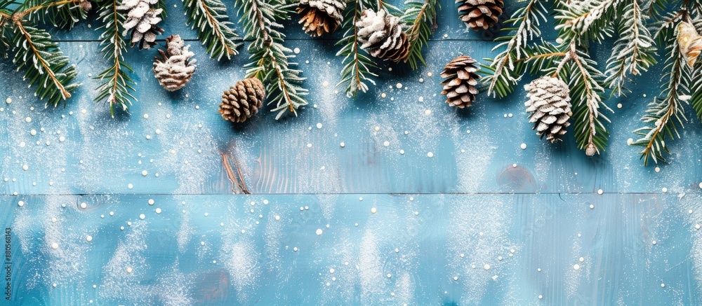 Poster a winter christmas themed backdrop featuring fir branches pine cones snow on a blue wooden surface c
