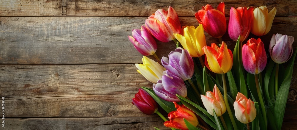 Poster colorful tulip bouquet on background with copy space image