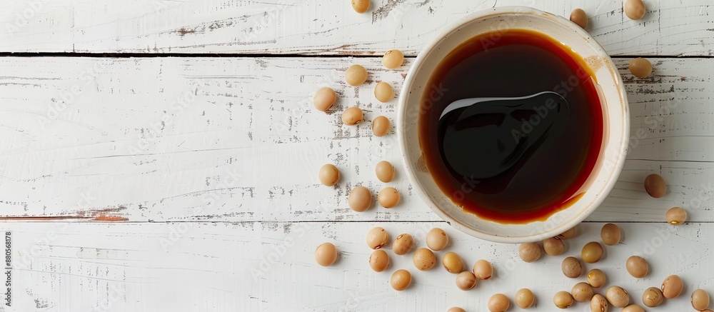 Poster close up of delicious soy sauce in a bowl with soybeans on a white wooden table providing copy space