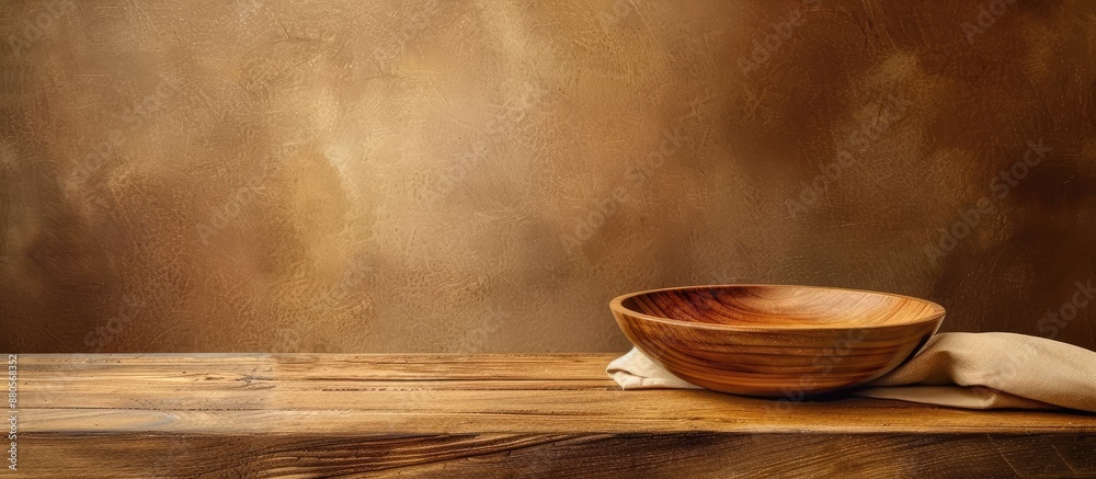Poster wooden table setting with an empty plate and a napkin against a brown backdrop featuring a wooden bo
