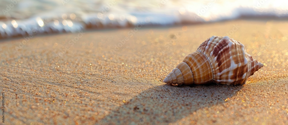 Poster seashell on sandy beach providing copy space image