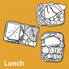 Hand drawn isolated vector set of business lunch. Draw. Template for tasty menu. Bags for takeaway food. Paper, plastic delivery containers, cups. Breakfast and lunch to go.