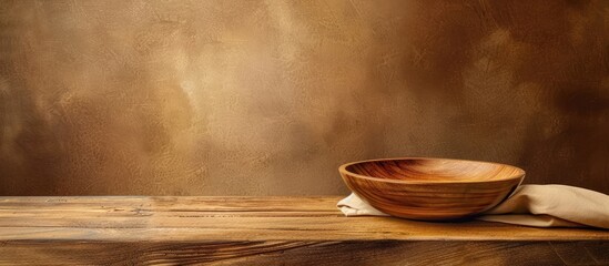 Wooden table setting with an empty plate and a napkin against a brown backdrop featuring a wooden bowl for cafe creating a food themed copy space image