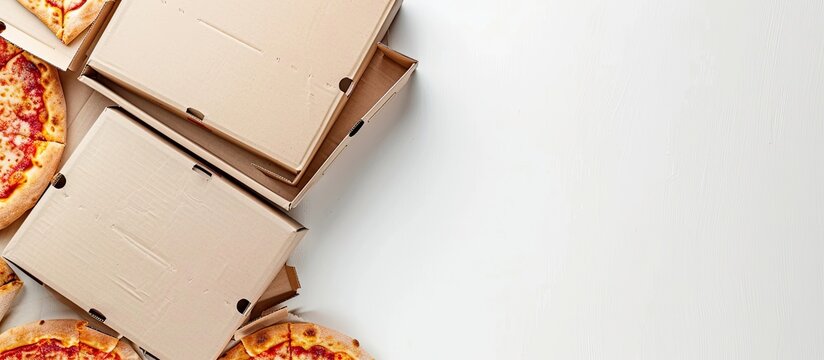 Food delivery concept featuring pizza boxes against a white background providing copy space image