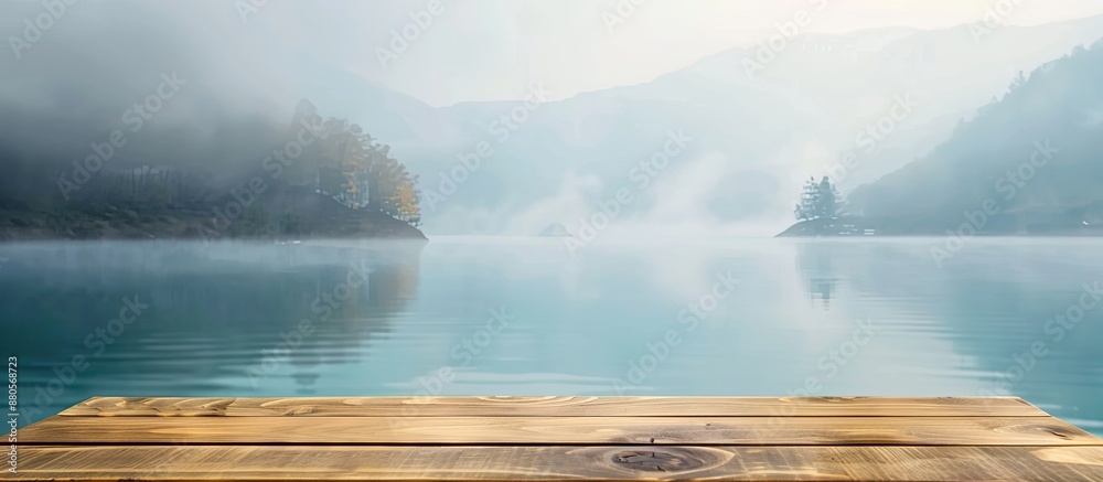 Poster display shelf made of wood against a serene background of blurry turquoise lake and misty landscape 