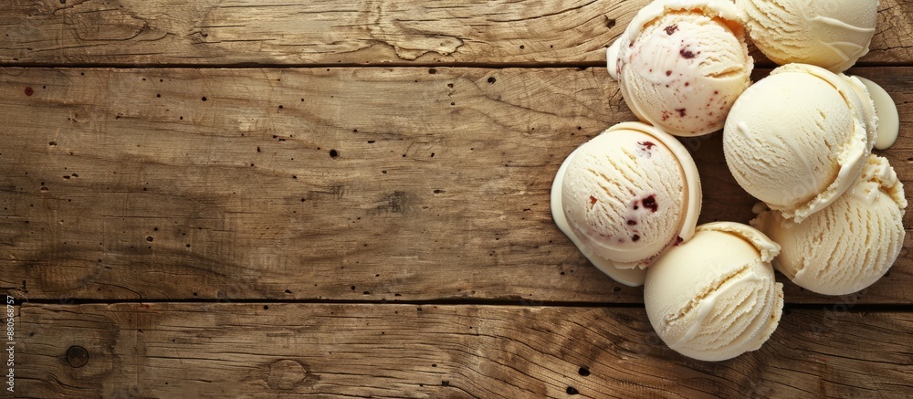 Poster Scrumptious ice cream scoops displayed on a rustic wooden surface with room for text or other elements in the image. copy space available