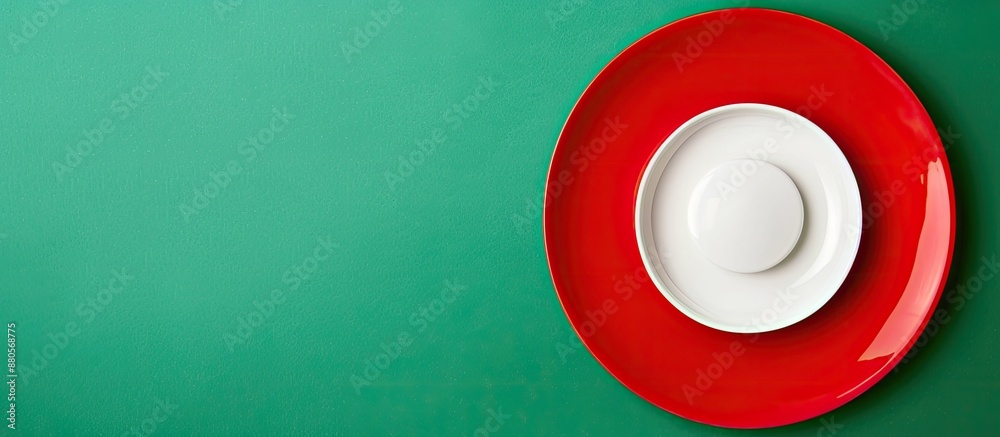 Poster ceramic white plate placed on a red plate on a green backdrop creating a food themed copy space imag