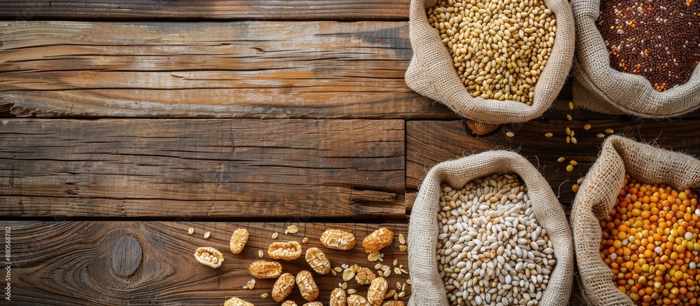 Poster Wooden background with various cereal grain bags arranged neatly in a flat lay composition allowing for text placement in the copy space image