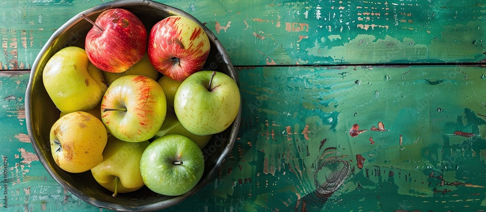 Poster top view of a metal bowl filled with green yellow and red apples placed in the left top corner on a 