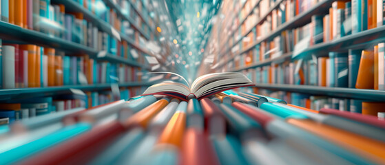 An open book among many bookshelves, symbolizing knowledge and education in a library setting with a blur effect for artistic impression.