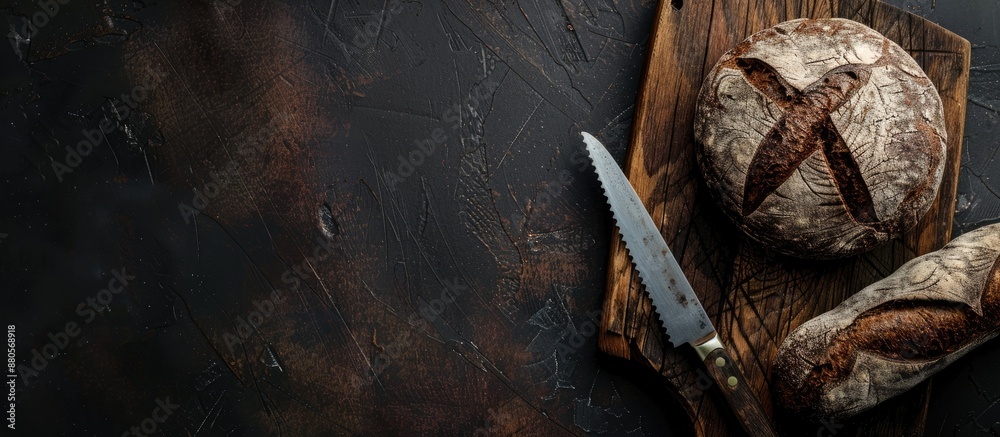 Poster Dark grain bread and a knife rest on a wooden board against a dark background creating a rustic composition with copy space image