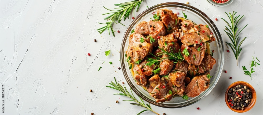 Poster a glass pan containing pork meat seasoned with herbs and spices on white background top view with co