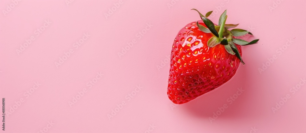 Poster A strawberry rests on a pastel pink surface in a flat lay composition offering a top down view with ample copy space in the image